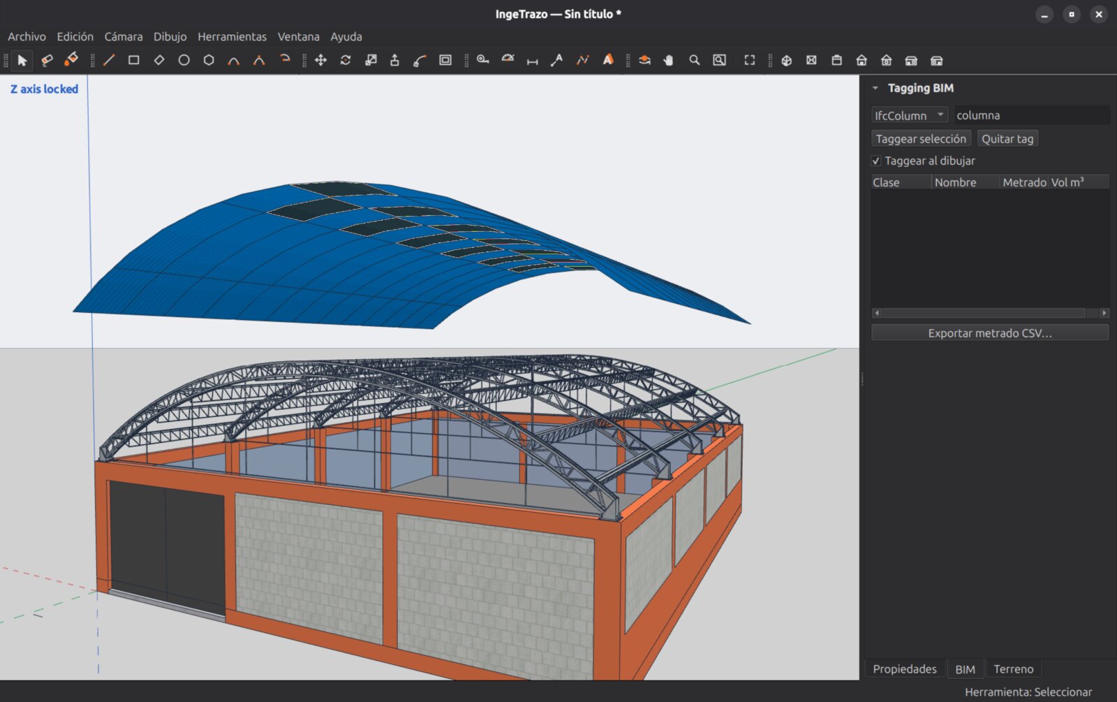 Una nave industrial con el panel BIM abierto: las columnas seleccionadas se etiquetan como IfcColumn.