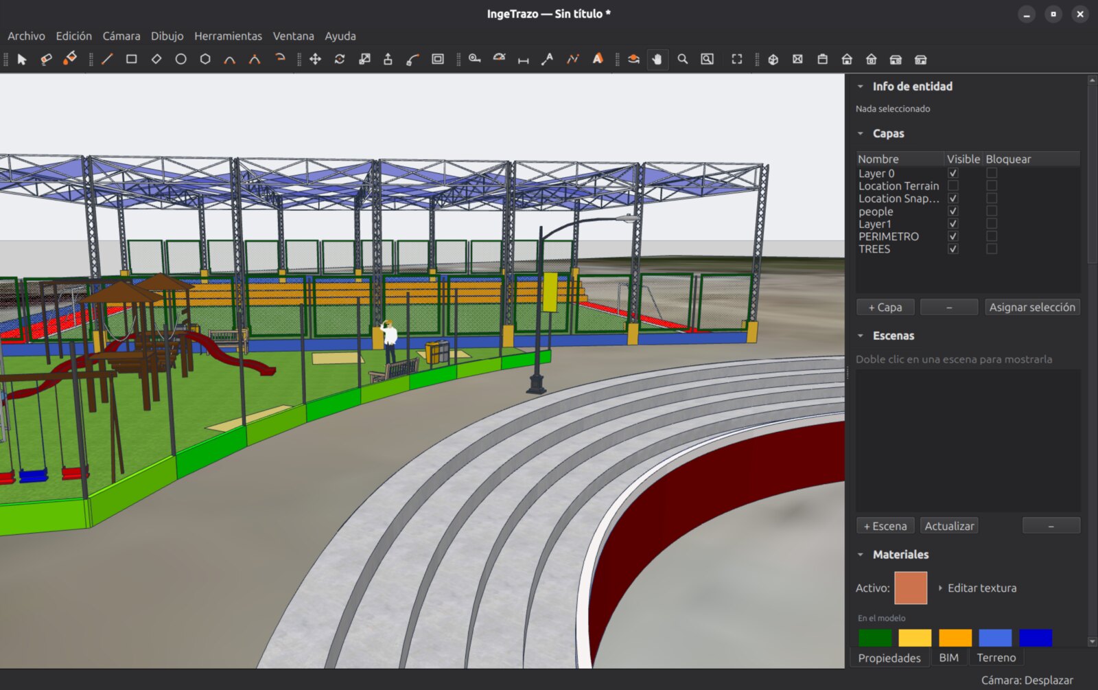 Un .skp recién abierto: la geometría, los materiales y las capas originales de SketchUp llegan intactos.