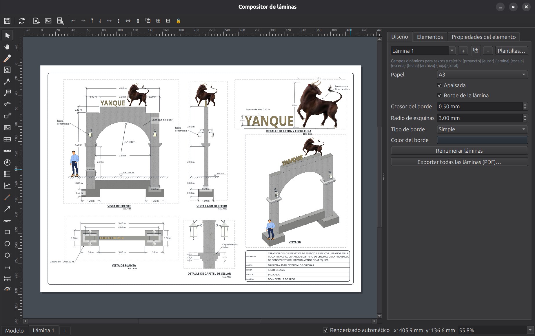 El compositor de láminas con la lámina D04 del arco de Yanque: reglas, barra de lámina, lienzo y panel de diseño.