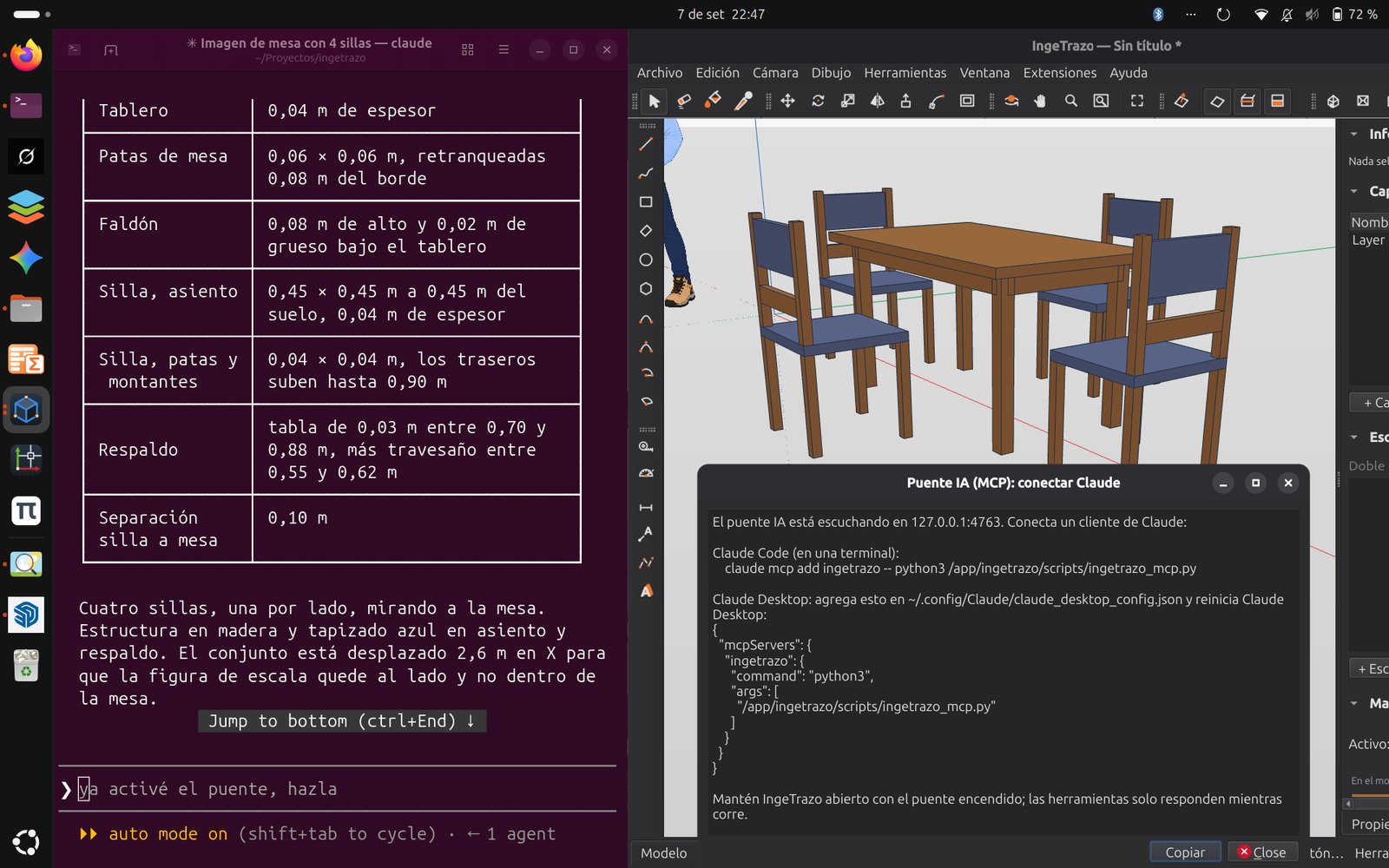 Escritorio Ubuntu completo: Claude Code en la terminal, a la izquierda, lista las medidas de la mesa con cuatro sillas que acaba de dibujar por el puente; IngeTrazo, a la derecha, muestra el modelo y el diálogo Puente IA (MCP) con la línea de conexión.