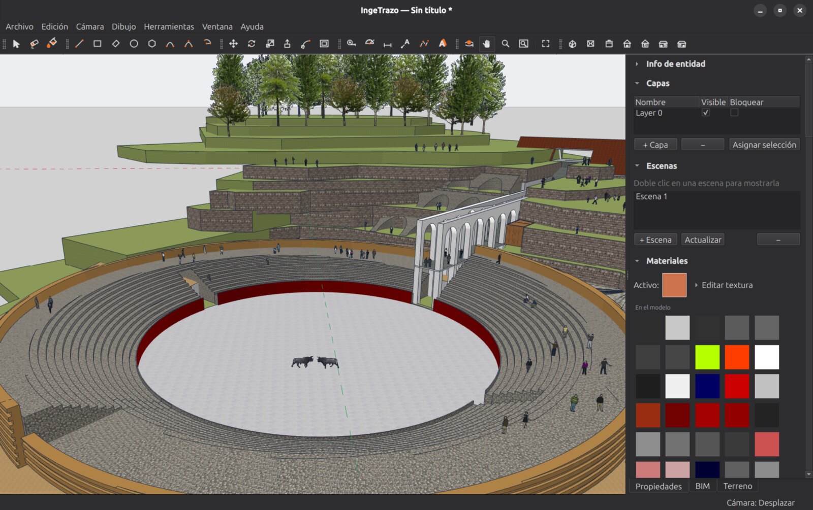 La ventana completa: viewport con un modelo en curso y la bandeja lateral con Capas, Escenas y Materiales.